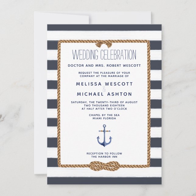 Invitation Mariage de noeud marin bleu et blanc (Devant)