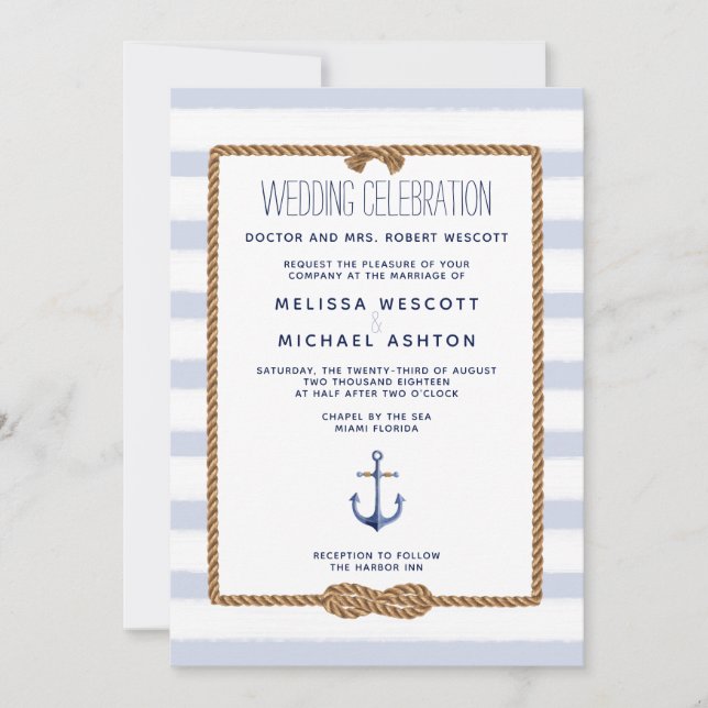 Invitation Mariage de noeud nautique bleu et blanc (Devant)