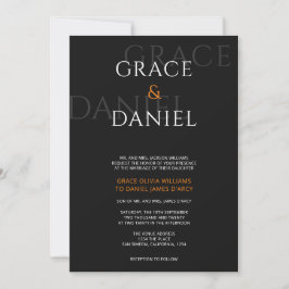 Invitation Mariage de nom d'ombre moderne orange et noir