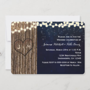 Invitation Mariage de Nuit avec Coeur Sculpté d'Arbre Rustiqu