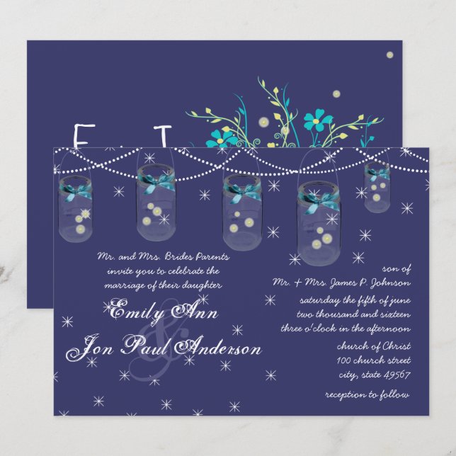 Invitation Mariage de nuit Marine Aqua Fleur Jaune Mason Jar (Devant / Derrière)