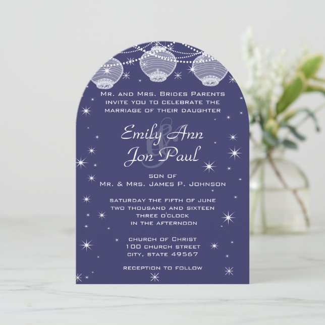 Invitation Mariage de nuit Marine Blue Lanterns Stars Garland (Debout devant)