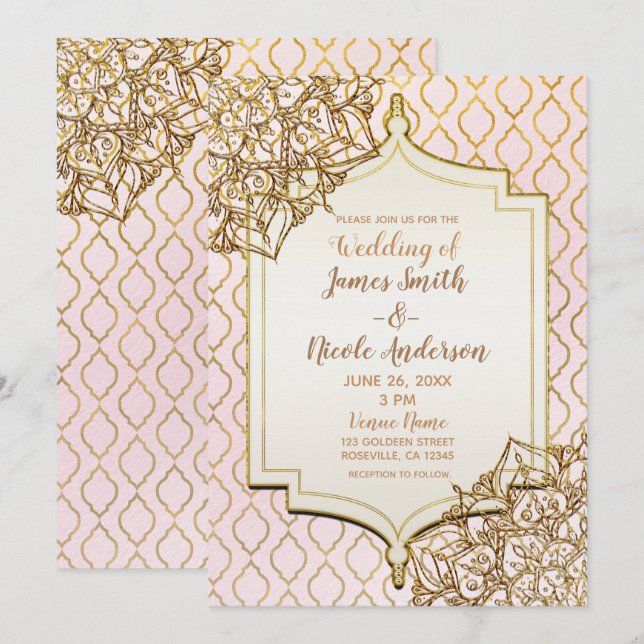 Invitation Mariage de Nuit Morocaine Rose Doré (Devant / Derrière)