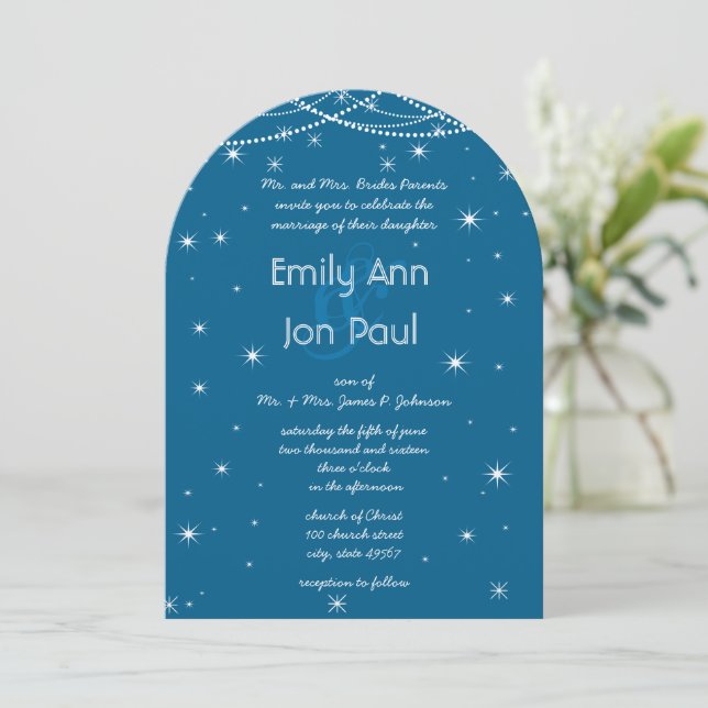 Invitation Mariage de nuit Turquoise et argent Stars métalliq (Debout devant)