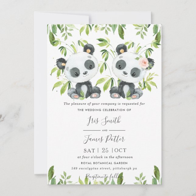 Invitation Mariage de pandas mignons sur fond de bambou vert  (Devant)