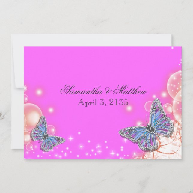 Invitation mariage de papillon bleu violet rose (Devant)