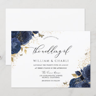 Invitation Mariage de papillon Indigo Blue Flowers Navy