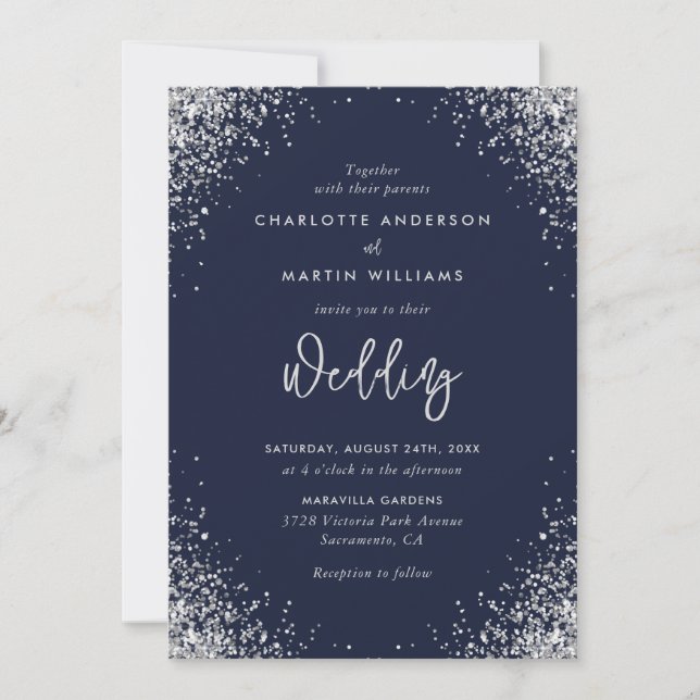 Invitation Mariage de Parties scintillant bleu et argent de l (Devant)