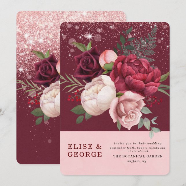 Invitation Mariage de Parties scintillant de luxe Burgundy Bl (Devant / Derrière)
