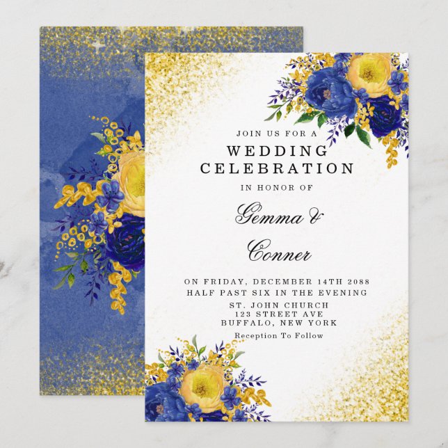 Invitation Mariage de Parties scintillant d'or bleu bleu jaun (Devant / Derrière)