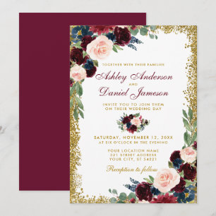 Invitation Mariage de Parties scintillant d'or Floral Burgund