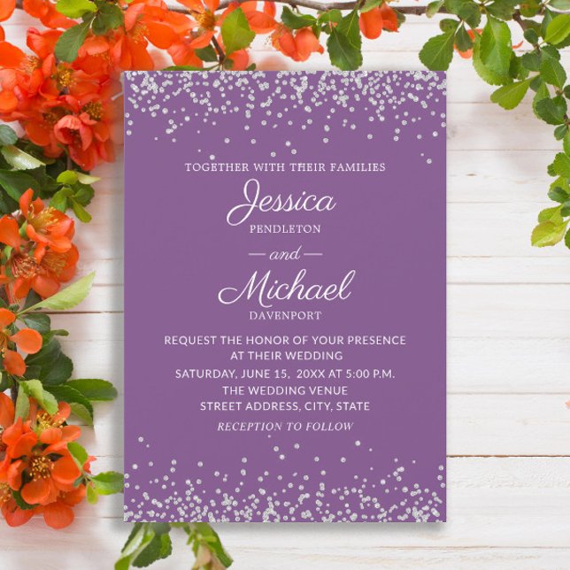Invitation Mariage de Parties scintillant moderne élégant vio (Elegant purple wedding invitation with silver glitter)