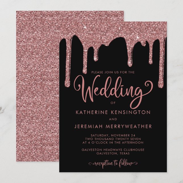 Invitation Mariage de Parties scintillant Rose noir Gold (Devant / Derrière)
