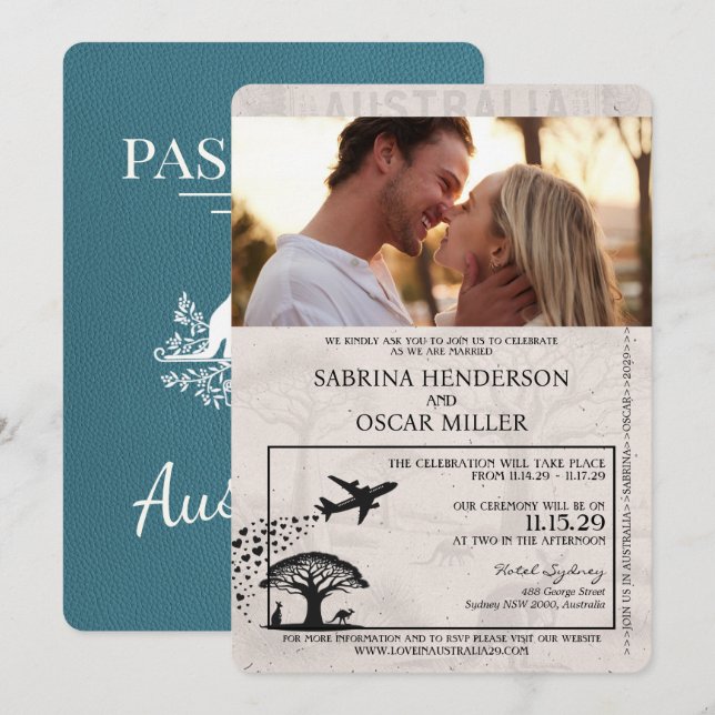 Invitation Mariage de passeport Australie turquoise (Devant / Derrière)