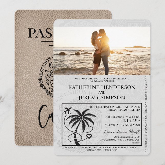 Invitation Mariage de passeport beige Cancun (Devant / Derrière)