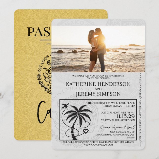 Invitation Mariage de passeport de Cancun jaune (Devant / Derrière)