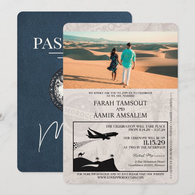 Invitation Mariage de passeport de la Marine bleu Maroc (Devant / Derrière)