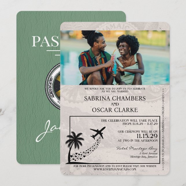 Invitation Mariage de passeport de Sage Green Jamaïque (Devant / Derrière)