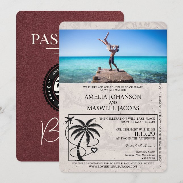 Invitation Mariage de passeport des Bahamas de Bourgogne (Devant / Derrière)