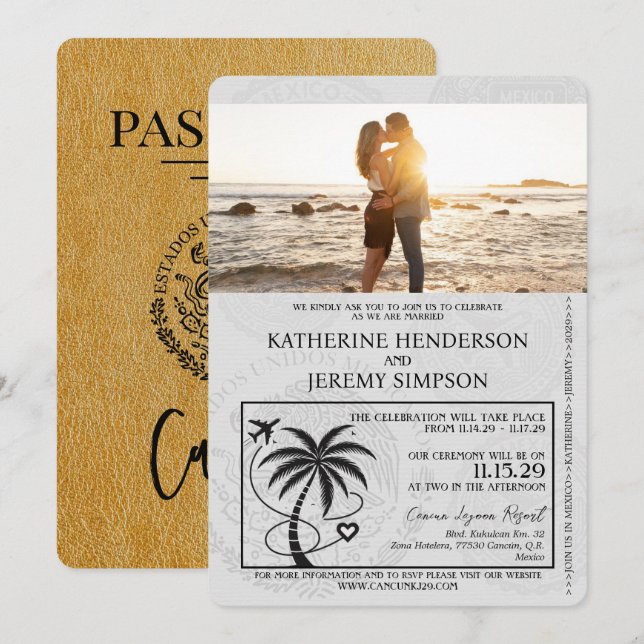 Invitation Mariage de passeport Gold Cancun (Devant / Derrière)