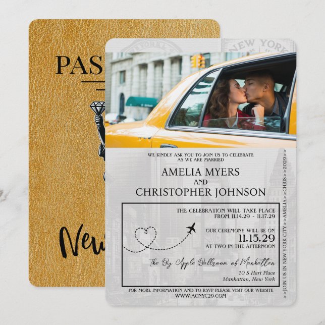 Invitation Mariage de passeport Gold New York City (Devant / Derrière)