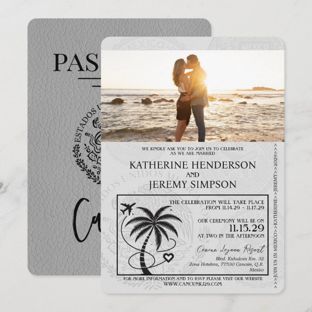 Invitation Mariage de passeport gris Cancun (Devant / Derrière)