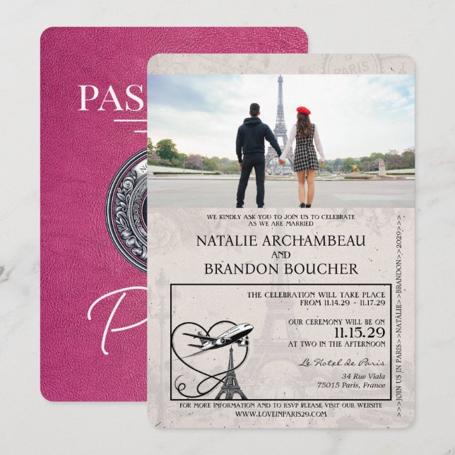 Invitation Mariage de passeport Magenta Pink Paris (Devant / Derrière)