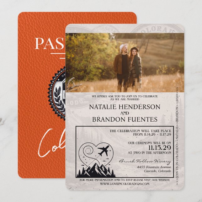 Invitation Mariage de passeport Orange Colorado (Devant / Derrière)