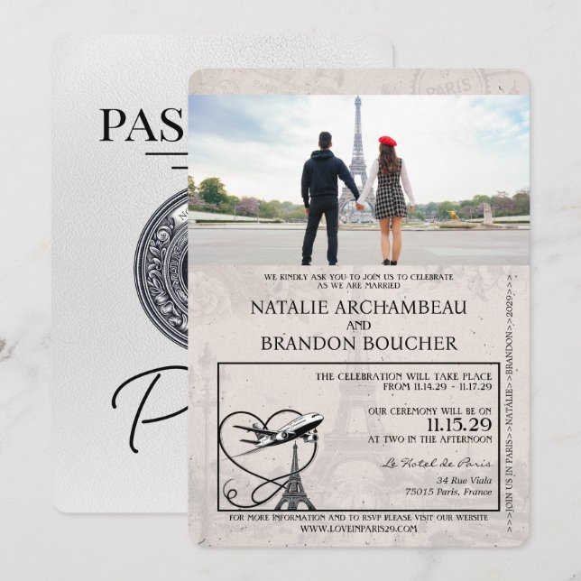 Invitation Mariage de passeport Paris Blanc (Devant / Derrière)