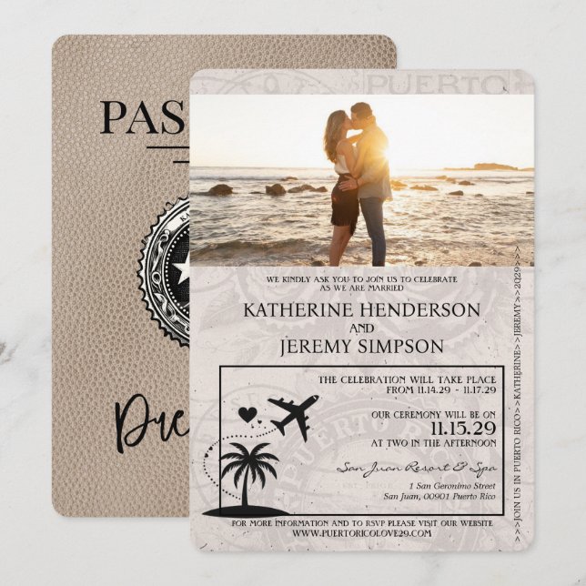 Invitation Mariage de passeport Porto Rico beige (Devant / Derrière)