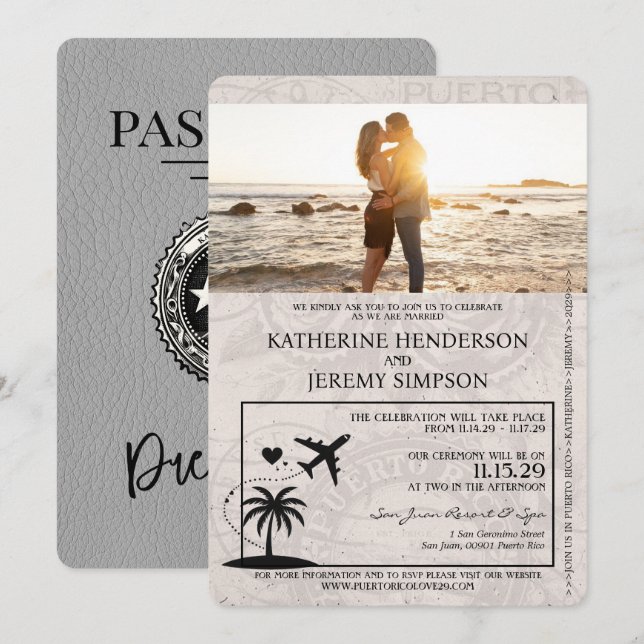 Invitation Mariage de passeport Porto Rico gris (Devant / Derrière)