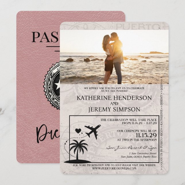 Invitation Mariage de passeport Porto Rico Rose Dusty (Devant / Derrière)