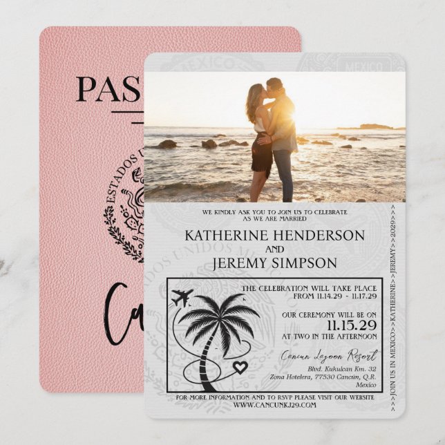 Invitation Mariage de passeport rose Cancun (Devant / Derrière)