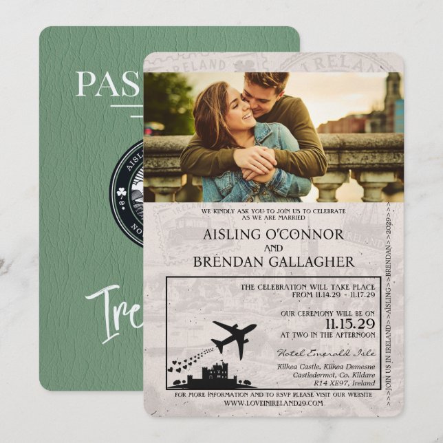 Invitation Mariage de passeport Sage Green Irlande (Devant / Derrière)