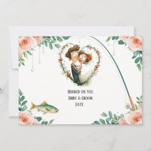 Invitation Mariage de passionné de pêche avec canne et fleurs