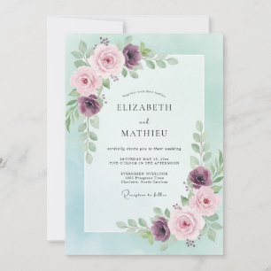 Invitation Mariage de Peinture de Pivoine de Prune Menthe