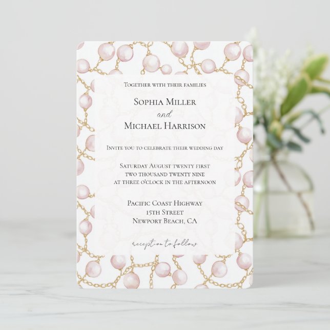 Invitation Mariage de perles de verre rose or (Debout devant)