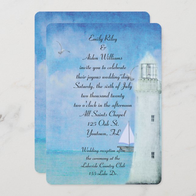 Invitation Mariage de phare blanc nautique (Devant / Derrière)