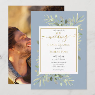 Invitation Mariage de photo Dusty Blue Gold