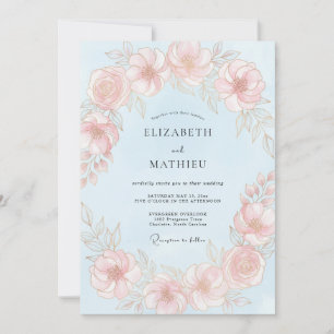 Invitation Mariage de Pivoine Bleu Clair Poli