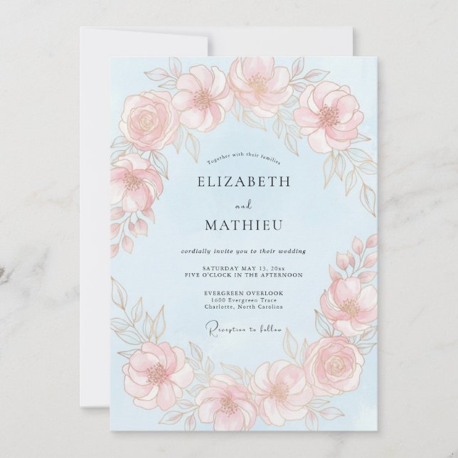 Invitation Mariage de Pivoine Bleu Clair Poli (Devant)