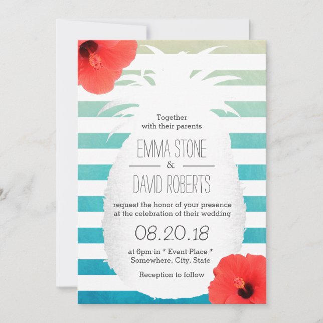 Invitation Mariage de plage Aquarelle rayures Ananas (Devant)