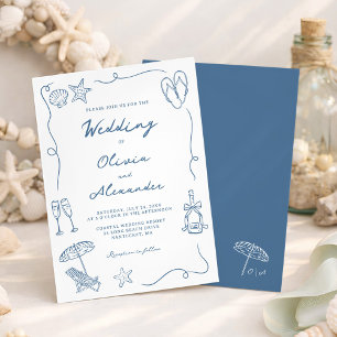 Invitation Mariage de plage bleu côtier fantaisiste dessiné à