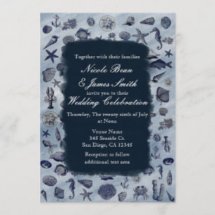 Invitation Mariage de plage coquillages nautiques vie marine 
