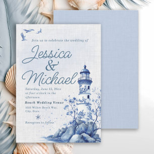 Invitation Mariage de plage côtière au phare bleu blanc