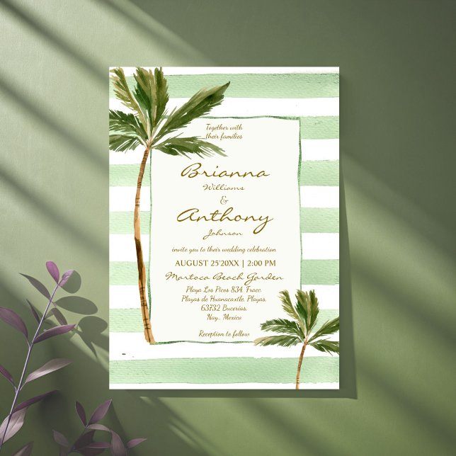 Invitation Mariage de plage de palmiers à rayures vertes (Green stripes palms handrawn retro beach wedding invitation cards template instant download)