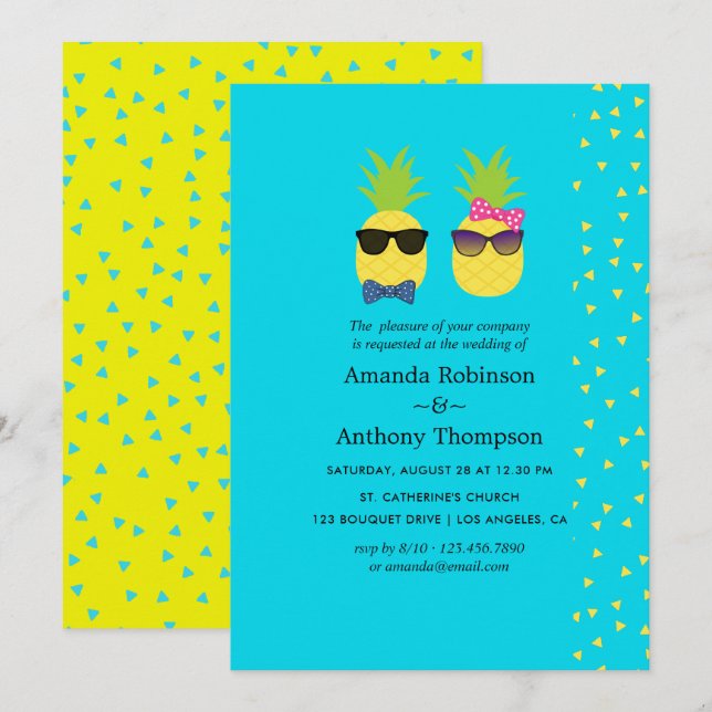 Invitation Mariage de plage d'été turquoise et jaune tropical (Devant / Derrière)