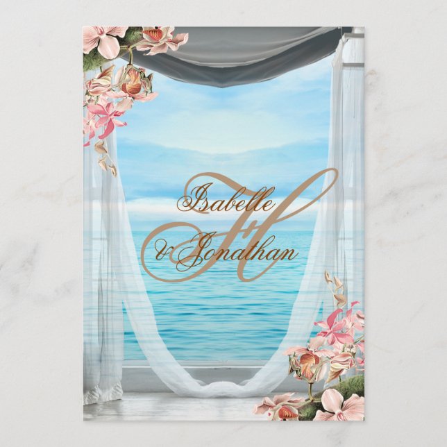 Invitation Mariage de plage élégant avec rideaux et orchidées (Devant)