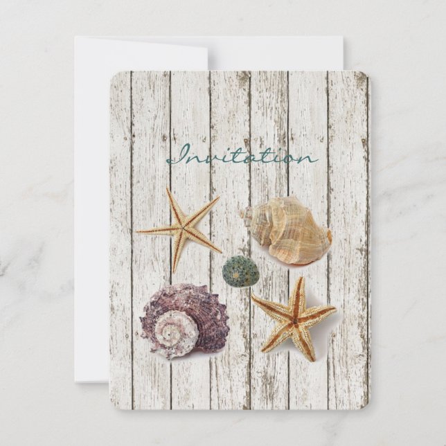 Invitation mariage de plage élégant bois coquillages (Devant)