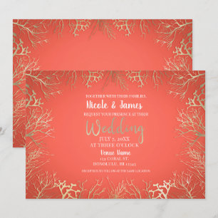 Invitation Mariage de plage élégant moderne corail orange dor